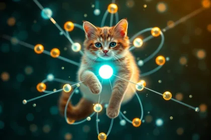 Ilustrasi Kucing Schrödinger di dunia kuantum, simbol paling ikonik dari konsep superposisi kuantum.