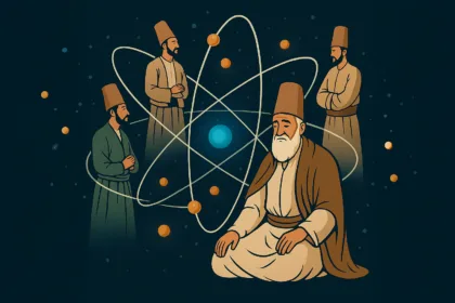 Ilustrasi digital bergaya minimalis yang menggambarkan para wali dengan elemen superposisi kuantum, memadukan simbol spiritualitas dan partikel atomik.