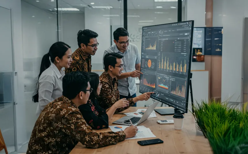 Ilustrasi tim marketing sedang menyusun strategi dan alokasi marketing budget di depan papan strategi digital.