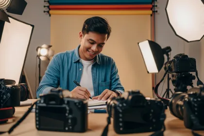 Pengusaha muda mencatat keuangan UMKM menggunakan laptop dan buku catatan