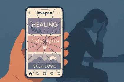 Ketika “self-love” dan “find your peace” menjadi feed yang estetik, tapi layar retak mengisyaratkan ironi: luka tak sembuh lewat citra.