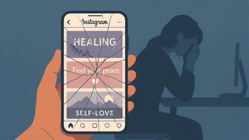 Ketika “self-love” dan “find your peace” menjadi feed yang estetik, tapi layar retak mengisyaratkan ironi: luka tak sembuh lewat citra.