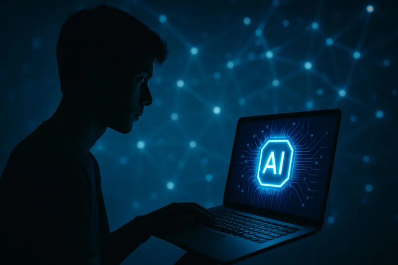 Siluet seorang anak muda menatap layar laptop berlogo AI. Bagi Generasi Z, ChatGPT kini bukan sekadar alat bantu, melainkan konsultan karier virtual yang dipercaya untuk membuka jalan masa depan.