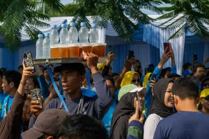 Seorang pedagang lokal membawa nampan berisi minuman es teh dan air mineral di tengah kerumunan peserta PLN Mobile Jawara Run 2025 di KP3B, Serang (3/8/2025). Kegiatan ini tidak hanya memeriahkan ajang lari sehat, tetapi juga turut menggerakkan roda ekonomi masyarakat sekitar melalui partisipasi aktif pelaku UMKM lokal.