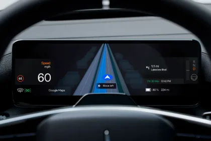 Panduan jalur langsung Google Maps pada tampilan pengemudi Polestar 4.