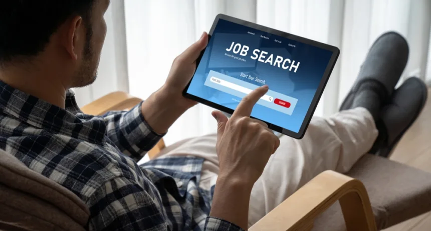 Pencari kerja menggunakan tablet untuk mencari lowongan pekerjaan di era digital