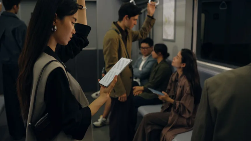 Seorang perempuan menggunakan HUAWEI MatePad Mini untuk membaca dokumen digital di dalam kereta, sementara penumpang lain berada di sekelilingnya. Tablet mini berlayar besar tersebut digunakan dalam situasi mobilitas sehari-hari di transportasi publik.