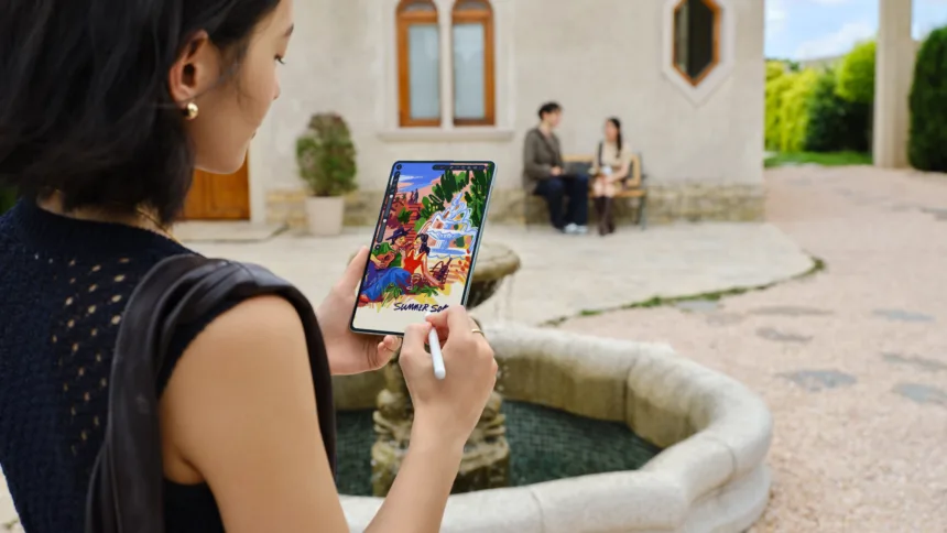 Pengguna menggambar ilustrasi digital menggunakan HUAWEI MatePad Mini dan HUAWEI M-Pencil di area luar ruangan dengan layar Flexible OLED PaperMatte anti-glare.