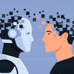 Ilustrasi interaksi antara manusia dan robot kecerdasan buatan (AI) yang merepresentasikan kolaborasi teknologi di dunia kerja.