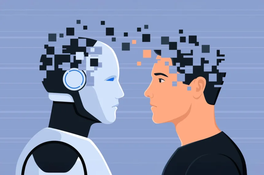 Ilustrasi interaksi antara manusia dan robot kecerdasan buatan (AI) yang merepresentasikan kolaborasi teknologi di dunia kerja.