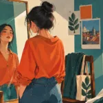 Ilustrasi perempuan bercermin tentang menjadi dewasa tanpa kehilangan diri sendiri