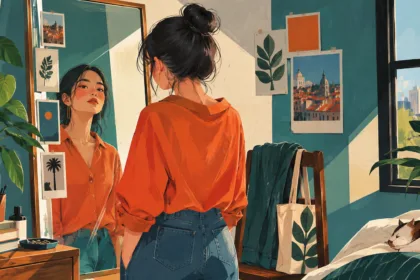 Ilustrasi perempuan bercermin tentang menjadi dewasa tanpa kehilangan diri sendiri
