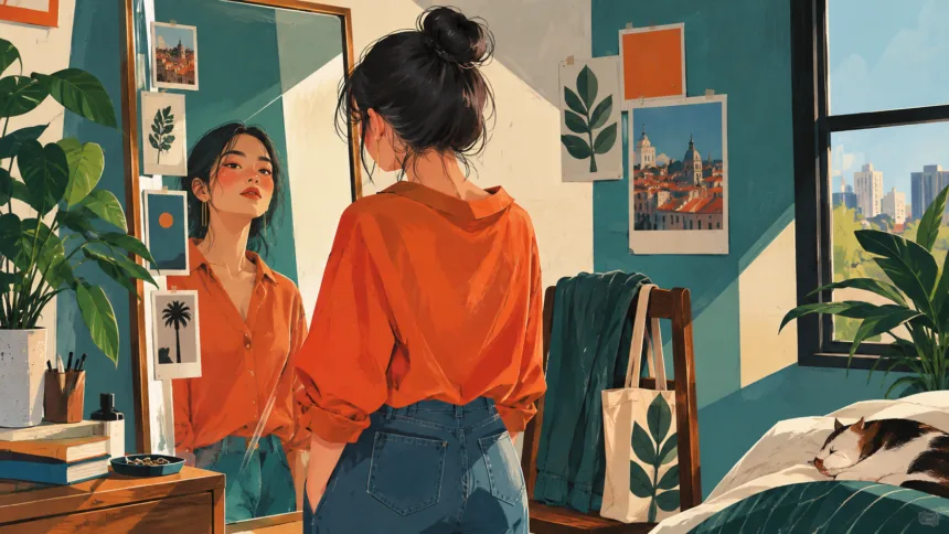 Ilustrasi perempuan bercermin tentang menjadi dewasa tanpa kehilangan diri sendiri