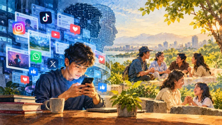Ilustrasi editorial tentang manusia dan pengaruh algoritma media sosial di era digital